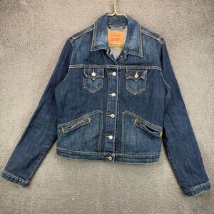 Levis‎ Womens Denim Trucker Jacket Dark Wash Blue Cotton Button Up 11907